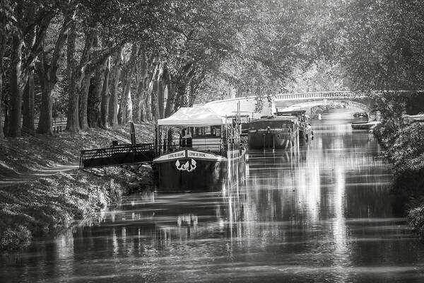 Toulouse Art Print featuring the photograph Barges on Canal de Brienne Toulouse France Black and White by Carol Japp