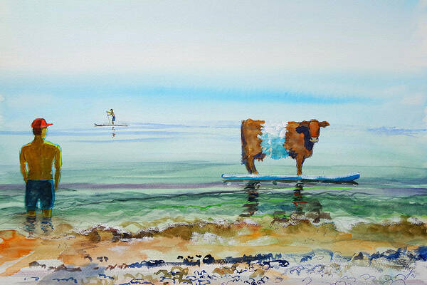 Belted Galloway Art Print featuring the painting Belted galloway cow on paddleboard at seaside surreal painting by Mike Jory