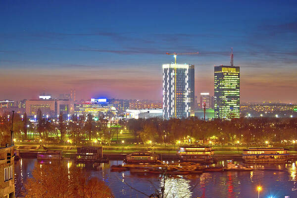 Belgrade Art Print featuring the photograph Beograd skyscrapers and Sava river evening view by Brch Photography