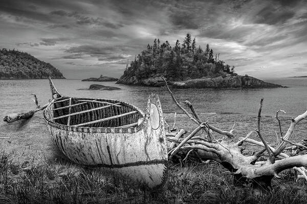 Art Art Print featuring the photograph Birch Bark Canoe ashore on Driftwood Beach in Black and White by Randall Nyhof