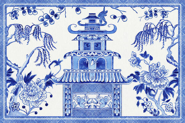 Chinoiserie Art Print featuring the painting Blue and White Chinoiserie Chinese Pagoda Temple Peony Floral Willow Tree by Audrey Jeanne Roberts