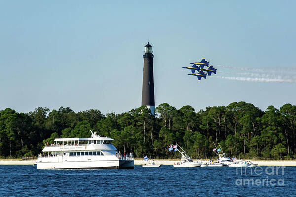 Blue Angels Art Print featuring the photograph Blue Angels over Pensacola Lighthouse and Ferry by Beachtown Views