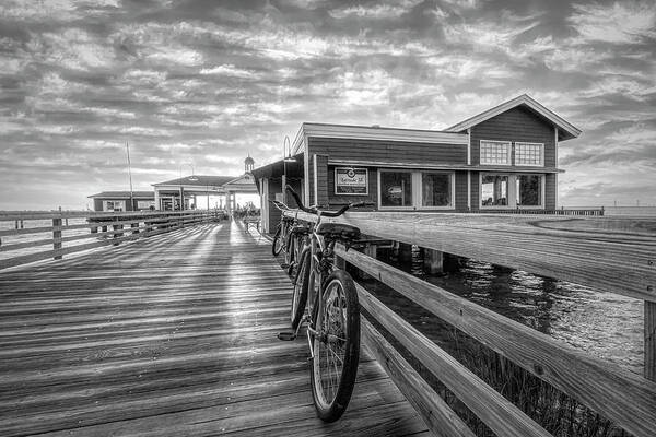 Clouds Art Print featuring the photograph Blue Bicycles on the Jekyll Island Boardwalk Pier Black and Whit by Debra and Dave Vanderlaan