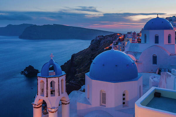 Aegean Sea Art Print featuring the photograph Blue Domes Of Santorini by Evgeni Dinev