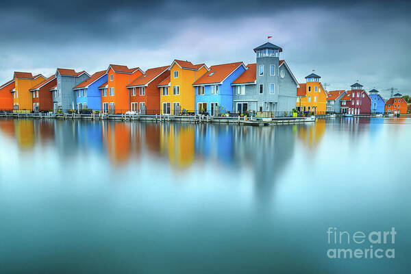 Sea Art Print featuring the photograph Blue Morning at Waters Edge Groningen Netherlands Europe Coastal Landscape Photograph by PIPA Fine Art - Simply Solid