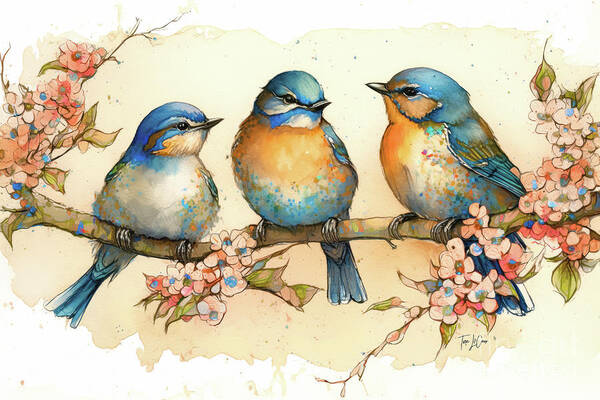 Bluebirds Art Print featuring the painting Bluebirds In The Blossoms by Tina LeCour