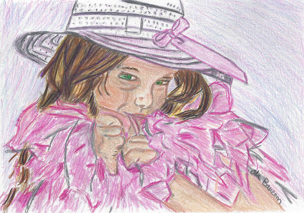 Boa Art Print featuring the drawing Boa Baby Colored Pencil Drawing of a Young Girl wearing a White Hat and Pink Feathery Boa by Ali Baucom