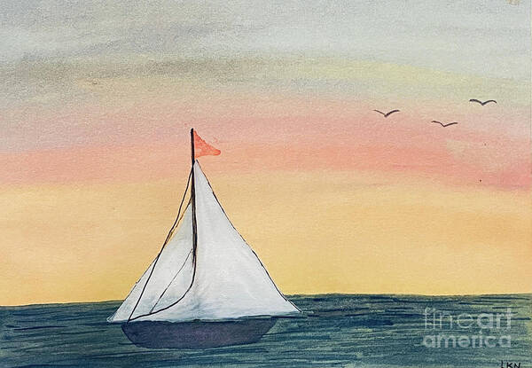 Sailboat Art Print featuring the painting Boat at Sunset by Lisa Neuman