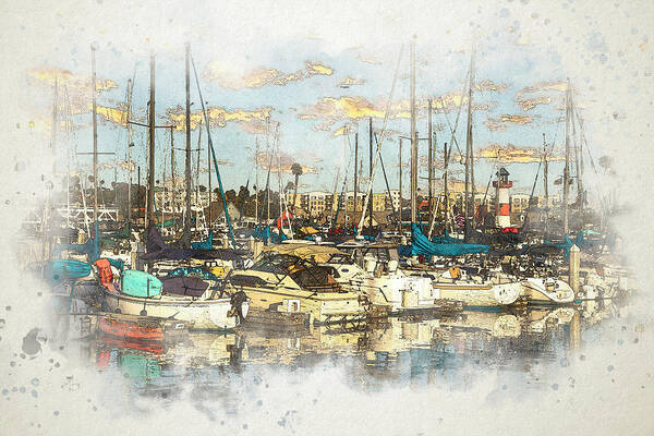 Boats Art Print featuring the digital art Boats at the Marina Sketch by Alison Frank