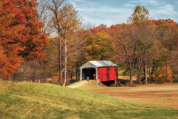 Parke County Covered Bridges Art Print featuring the photograph Bowsher Ford Covered Bridge in Autumn - Parke County, IN by Susan Rissi Tregoning