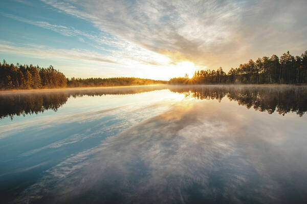 Lake Jatkonjärvi Art Print featuring the photograph Breathtaking sunrise at Lake Jatkonjarvi by Vaclav Sonnek