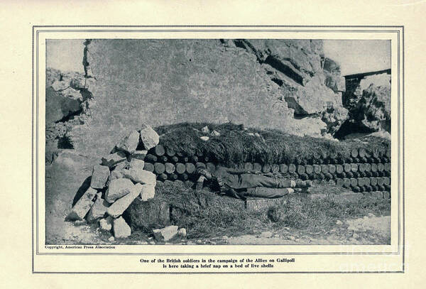 Dardanelles Art Print featuring the photograph BRITISH SOLDIER IN GALLIPOLI RESTING ON LIVE SHELLS k5 by Historic Illustrations