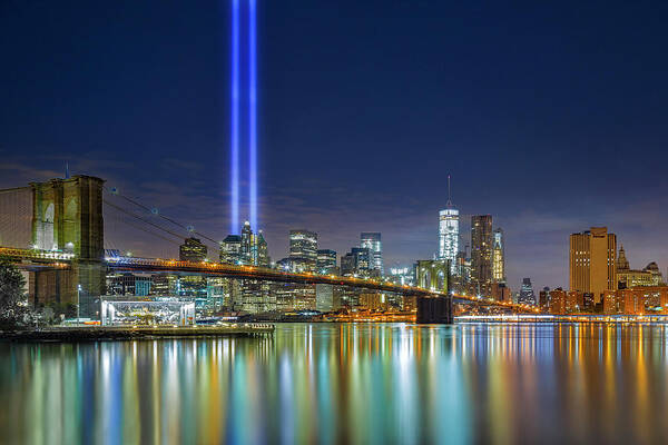Nyc Skyline Art Print featuring the photograph Brooklyn Bridge 911 Tribute NYC by Susan Candelario