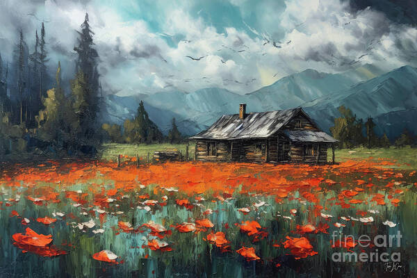 Log Cabin Art Print featuring the painting Cabin In The Poppies by Tina LeCour