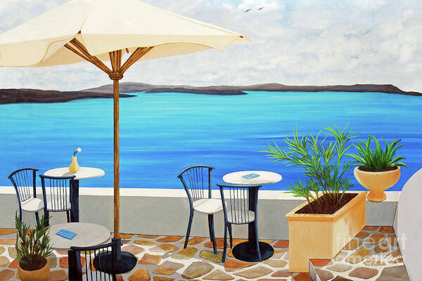 Santorini Art Print featuring the painting CAFE ON THE RIM, Santorini-prints of oil painting by Mary Grden