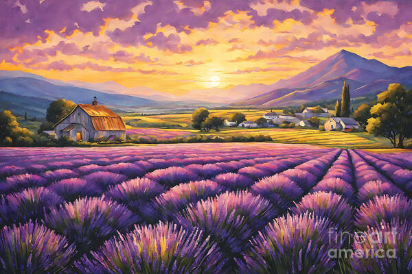 California Lavender Farm Sunset Painting Art Print featuring the digital art California Lavender Farm Sunset Painting by Two Hivelys