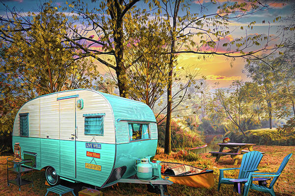 Camper Art Print featuring the digital art Camping at the Creek Autumn Painting by Debra and Dave Vanderlaan