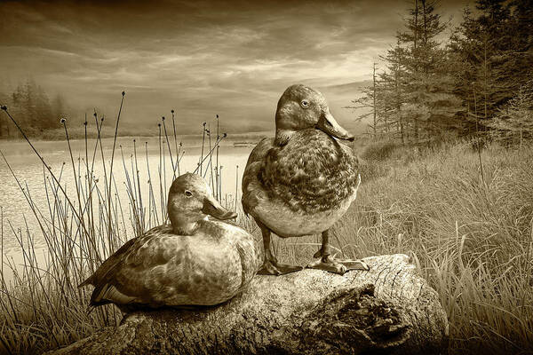 Art Art Print featuring the photograph Canvasback Duck Pair by a Pond in Sepia Tone by Randall Nyhof