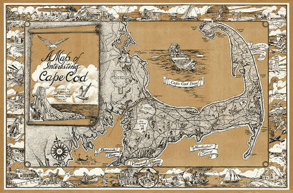 Cape Cod Art Print featuring the photograph Cape Cod Vintage Pictorial Map 1945 Sepia by Carol Japp