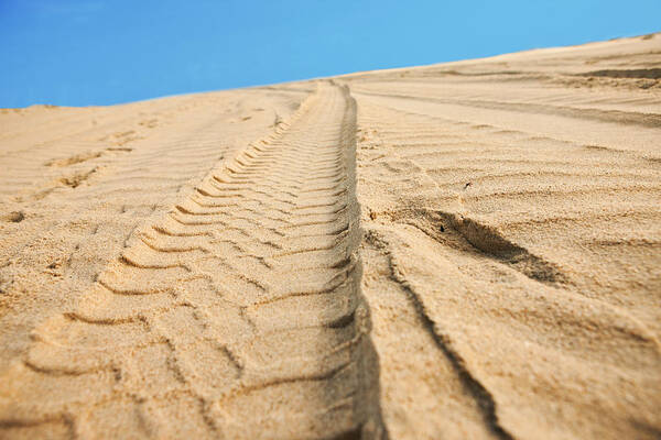 Dust Art Print featuring the photograph Car tracks on sand by MediaProduction