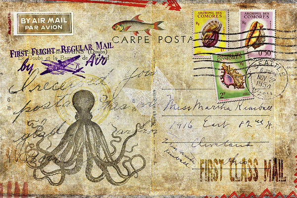 Postcard Art Print featuring the mixed media Carpe Posta Postcard by Carol Leigh