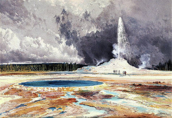 Castle Geyser Art Print featuring the painting Castle Geyser, Yellowstone National Park - Digital Remastered Edition by Thomas Moran