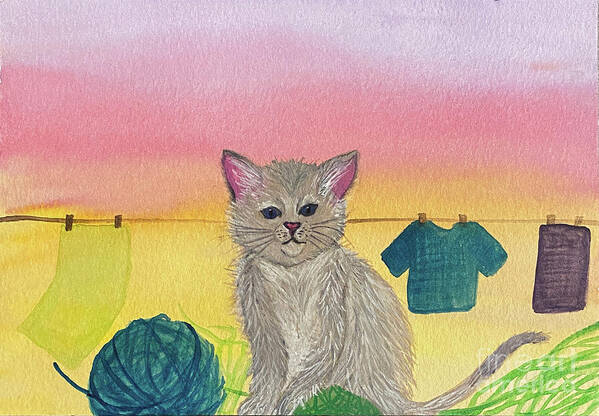Cat Art Print featuring the mixed media Cat and Yarn by Lisa Neuman