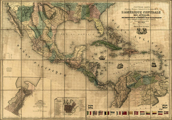 Colonization Art Print featuring the drawing Central America and The Antilles 1845 by Vintage Maps