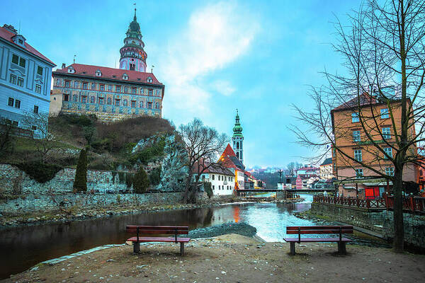  Art Print featuring the photograph Cesky Krumlov scenic architecture and Vltava river dawn view by Brch Photography