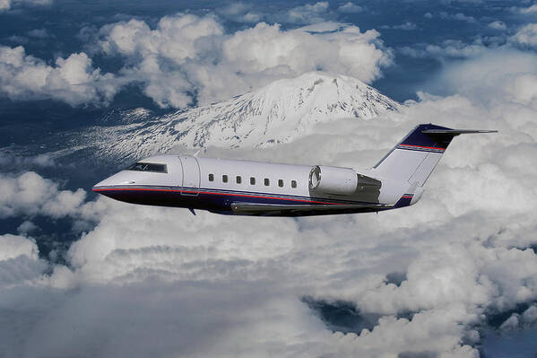 Challenger Business Jet Art Print featuring the mixed media Challenger Jet over Mt. Rainier by Erik Simonsen