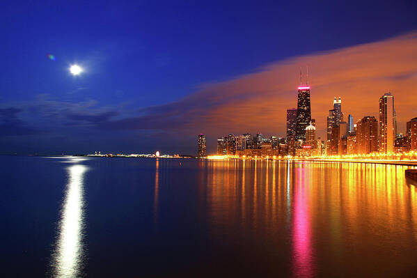 Architecture Art Print featuring the photograph Chicago Skyline Moonlight Water by Patrick Malon