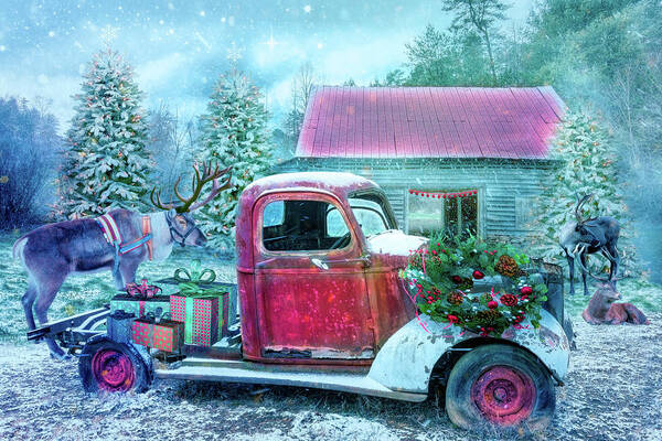Truck Art Print featuring the photograph Christmas Eve Reindeer by Debra and Dave Vanderlaan