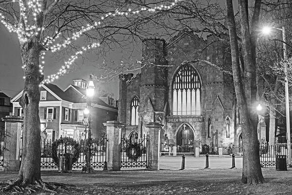 Salem Art Print featuring the photograph Christmas in Salem MA Washington Park Salem Witch Museum Black and White by Toby McGuire