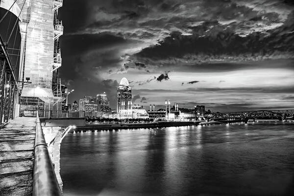Cincy Skyline Art Print featuring the photograph Cincy Skyline at Dawn From The Roebling Bridge - Black and White by Gregory Ballos