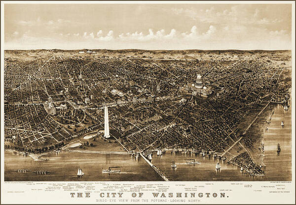 Washington Dc Art Print featuring the photograph City of Washington DC Map Birds Eye View 1892 Sepia by Carol Japp