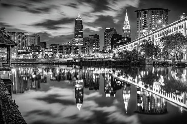 Cleveland Skyline Art Print featuring the photograph Cleveland Ohio Riverfront Skyline At Dawn - Black and White by Gregory Ballos