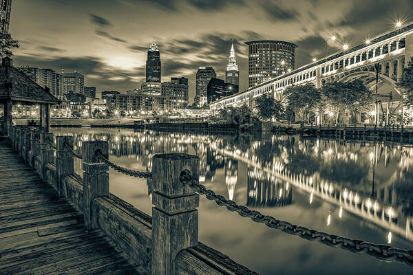 America Art Print featuring the photograph Cleveland Skyline From The Riverfront - Sepia Edition by Gregory Ballos