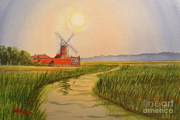 Cley Windmill Norfolk Art Print featuring the painting Cley Windmill And Marshes Norfolk England by Bill Holkham