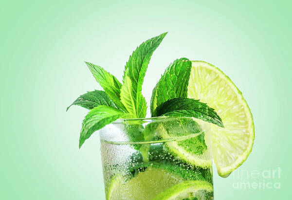 Mojito Art Print featuring the photograph Closeup mojito cocktail with ice isolated over pastel background by Jelena Jovanovic