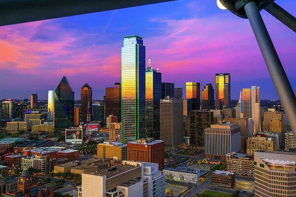 Dallas Skyline Art Print featuring the photograph Colorful Dallas Skyline Sunset through The Ball of Reunion Tower by Gregory Ballos