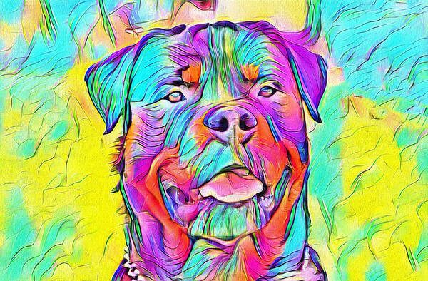 Rottweiler Dog Art Print featuring the digital art Colorful Rottweiler dog portrait - digital painting by Nicko Prints