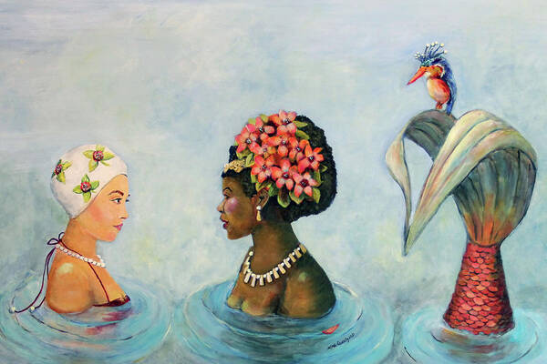 Mermaid Art Print featuring the painting Conversation With a Mermaid by Linda Queally by Linda Queally