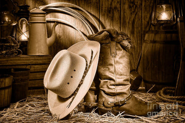 Cowboy Art Print featuring the photograph Cowboy Gear in Barn - Sepia by Olivier Le Queinec