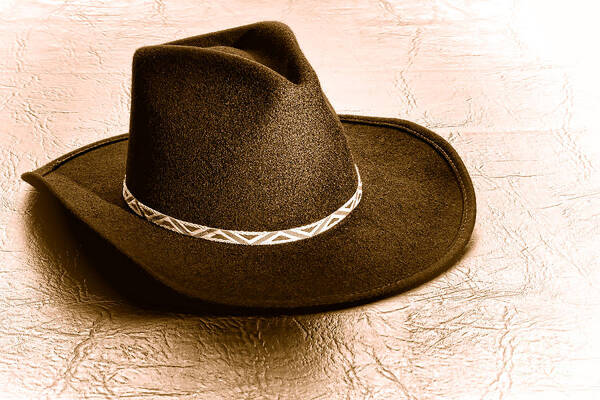 Cowboy Art Print featuring the photograph Cowboy Hat on Leather - Sepia by Olivier Le Queinec