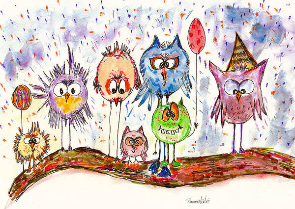 Owls Art Print featuring the painting Crazy Bastards on a Wild Party by Ramona Matei