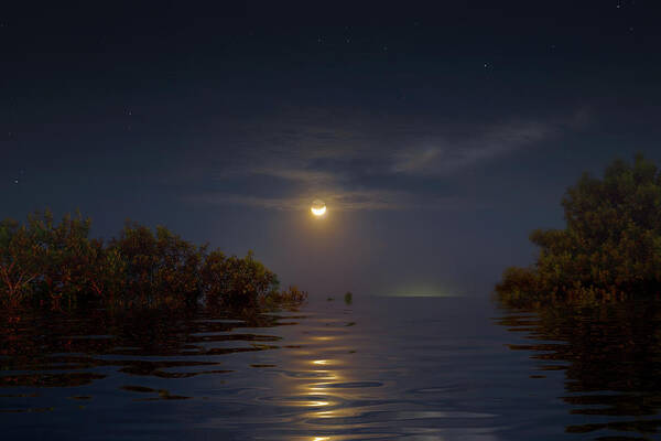 Moon Art Print featuring the photograph Crescent Moon Over Florida Bay by Mark Andrew Thomas