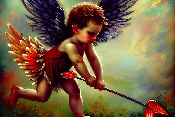 Digital Cupid Arrow Art Print featuring the digital art Cupid Playing With Arrow by Beverly Read