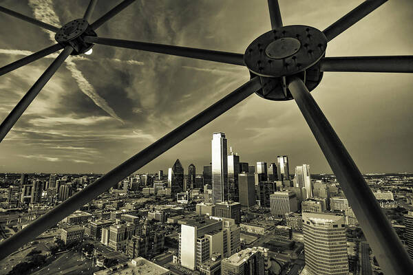 Dallas Skyline Art Print featuring the photograph Dallas Skyline and Cityscape Through Reunion Tower in Sepia by Gregory Ballos