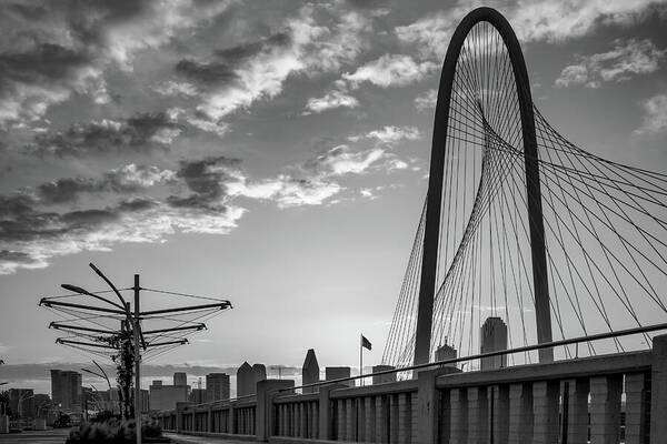 Dallas Skyline Art Print featuring the photograph Dallas Skyline From Margaret Hunt Hill Bridge in Black and White by Gregory Ballos