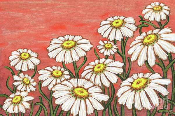 Daisy Art Print featuring the painting Dancing Daisy Daydreams in Tropic Orange Skies by Amy E Fraser